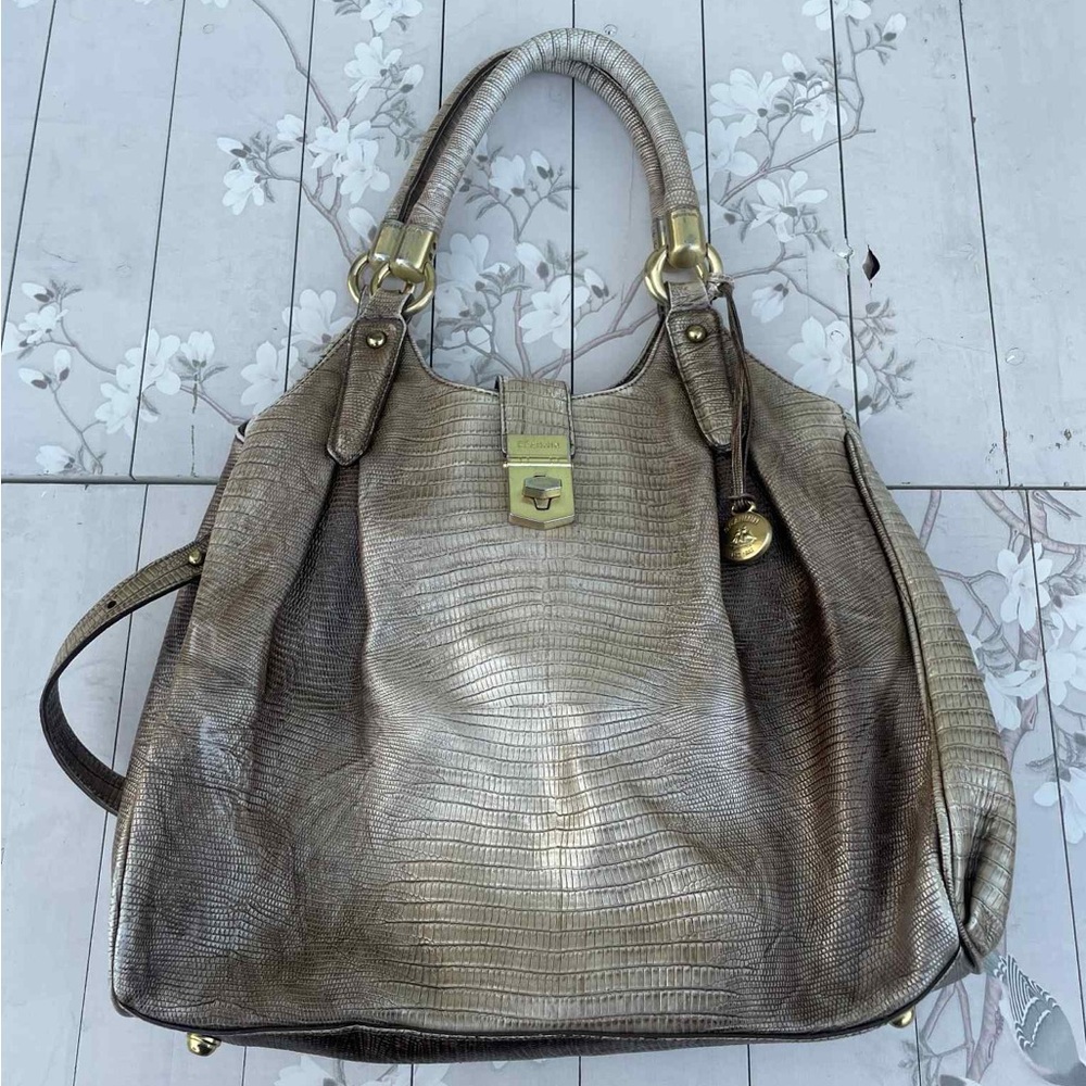 Brahmin Metallic Bronze Lizard-Embossed Tote with Gold Hardware